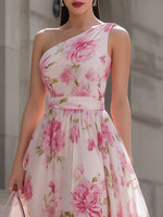 Pink Floral One-Shoulder Chiffon Sleeveless A-Line Wedding guest Dress