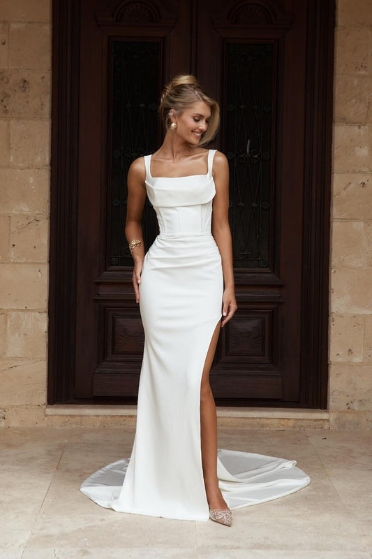 White Satin Spaghetti Straps Sleeveless High Waist Long Prom Dress With Split