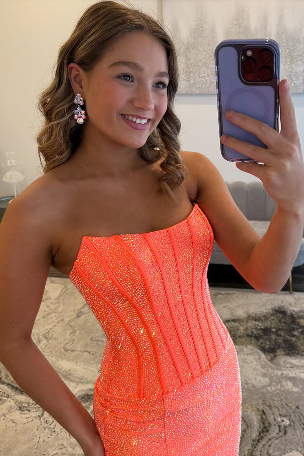 Sparkly Mermaid Scoop Neck Orange Satin Prom Dress with Hot Stone