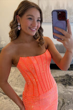 Sparkly Mermaid Scoop Neck Orange Satin Prom Dress with Hot Stone