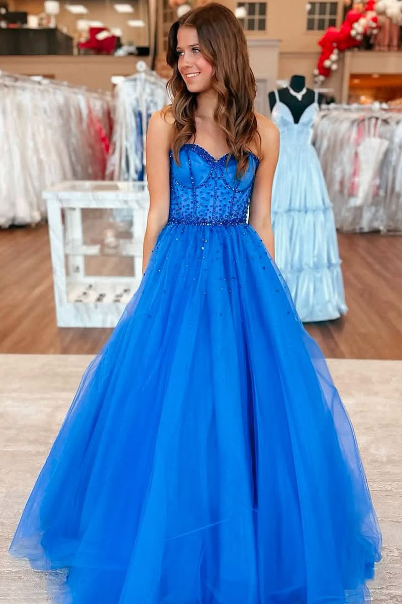 Cute A Line Sweetheart Royal Blue Tulle Prom Dress with Beading