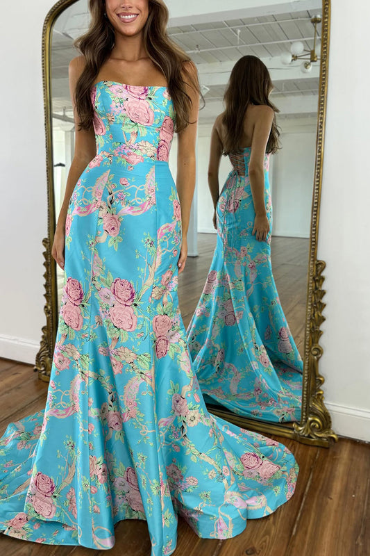Mermaid Strapless Floral Satin Prom Dress