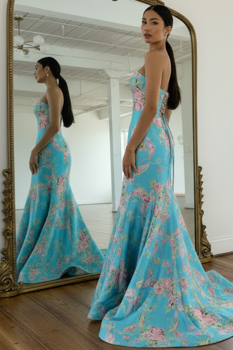 Mermaid Strapless Floral Satin Prom Dress