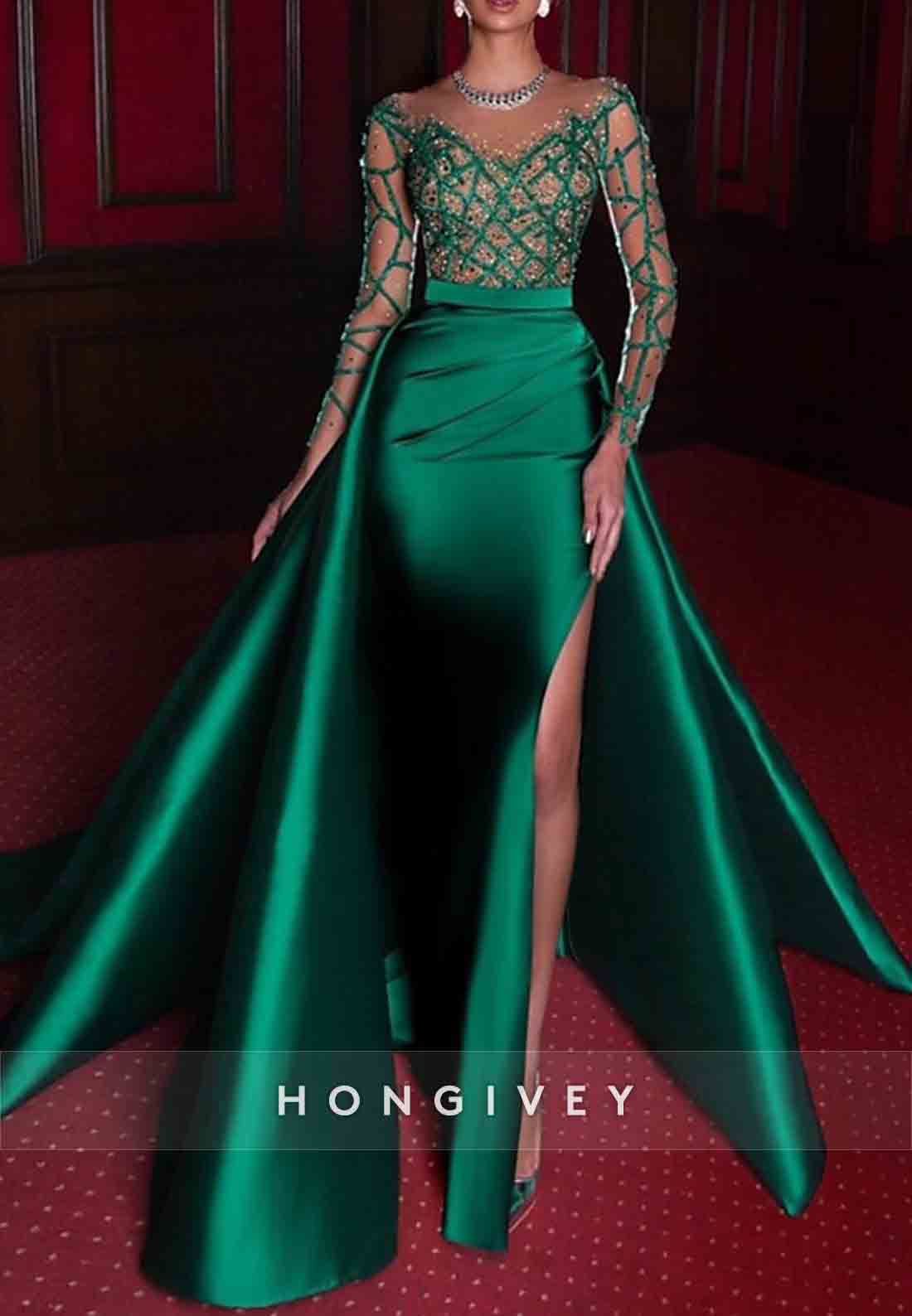 Satin Long Sleeves Detachable Illusion Neck Evening Gowns with Beading