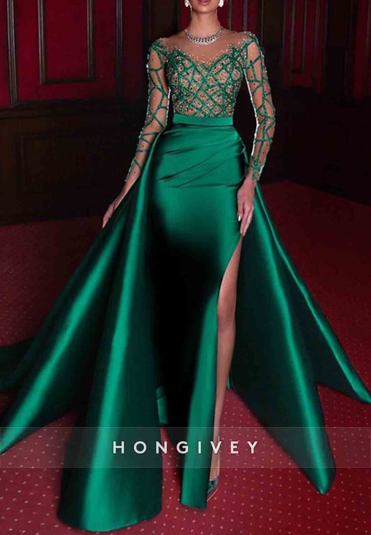 Satin Long Sleeves Detachable Illusion Neck Evening Gowns with Beading