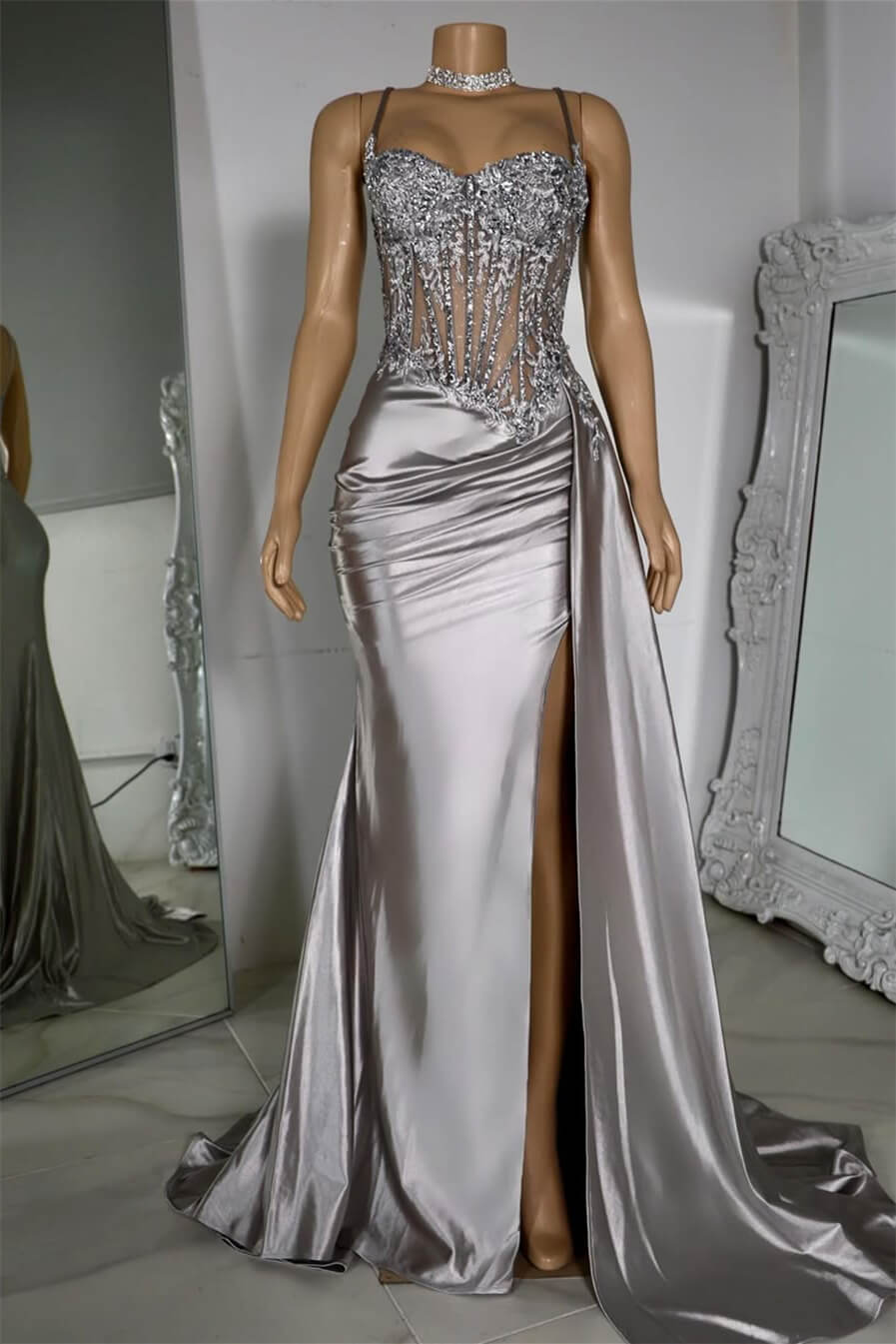 Silver Spaghetti-Straps Sleeveless Mermaid Prom Dress Split Long With Ruffles Appliques