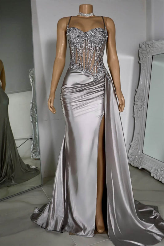 Silver Spaghetti-Straps Sleeveless Mermaid Prom Dress Split Long With Ruffles Appliques