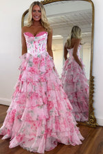 A Line Sweetheart Pink Floral Chiffon Prom Dress with Appliques