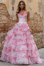 A Line Sweetheart Pink Floral Chiffon Prom Dress with Appliques