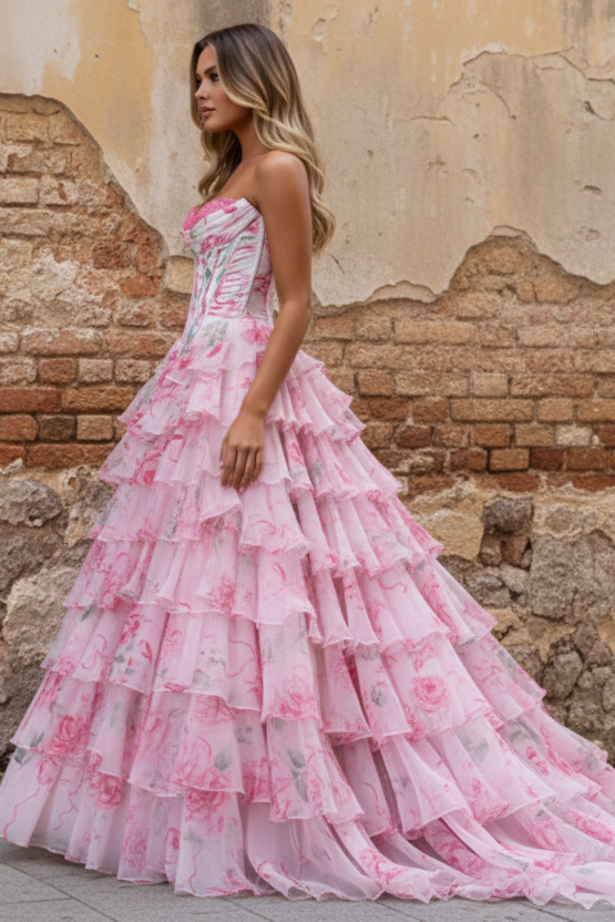 A Line Sweetheart Pink Floral Chiffon Prom Dress with Appliques