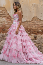 A Line Sweetheart Pink Floral Chiffon Prom Dress with Appliques