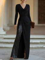 Draped Long Sleeves Cowl-Neck Sequin-Panel Evening Gown
