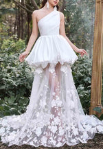 Gorgeous One Shoulder Satin Bodice Contrast Applique Tulle Overlay Wedding Dresses