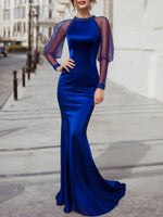 Embellished Satin Evening Dress With Sheer Balloon Sleeves