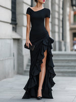Asymmetric One-Shoulder Ruffle Slit Evening Dress