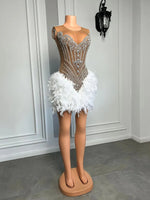 H2092 - Sexy Fitted Glitter Illusion Scoop Cap Sleeves Feathers Homecoming Dresses For Black Women