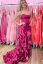 Sweet Mermaid Scoop Neck Fuchsia Satin Prom Dress with Slit