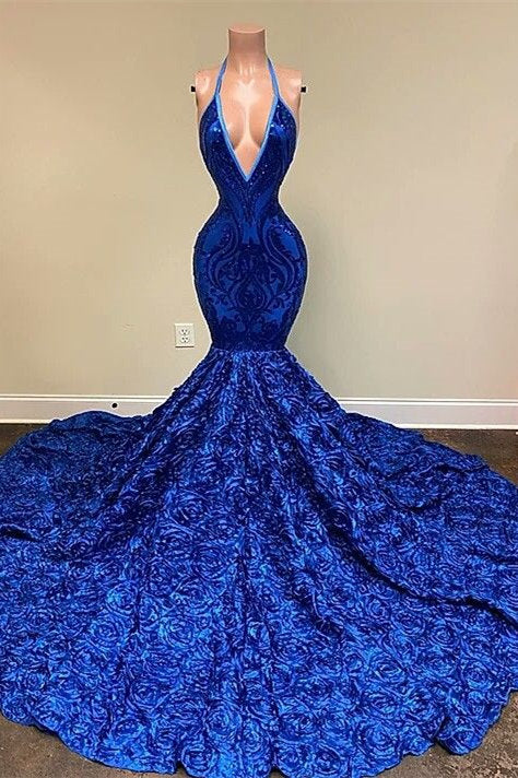 Halter Royal Blue Sleeveless Sequins Prom Dress Mermaid With Flowers Bottom