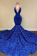 Halter Royal Blue Sleeveless Sequins Prom Dress Mermaid With Flowers Bottom