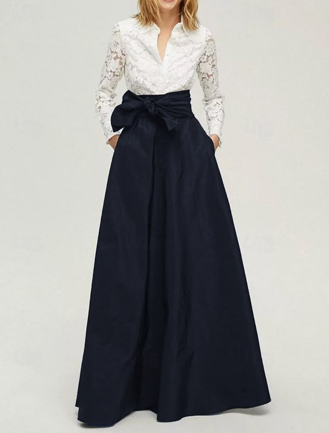 Long Sleeve Bow A-Line Floor-Length Formal Evening Dress