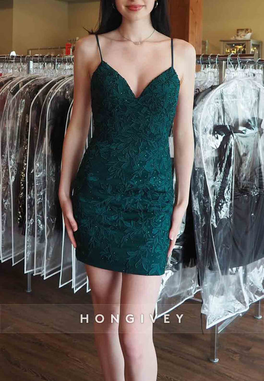 Embroidery Spaghetti Straps Tie Back V-Neck Sleeveless Mini Homecoming Dresses