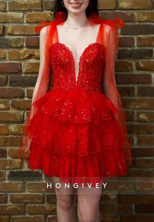 Red Bowknot Pleated Sleeveless A-Line Beading Ruched Short Homecoming Dresses