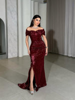 Sexy Red Off the Shoulder Sleeveless Sequins Sparkle Mermiad Side Slit Evening Dress