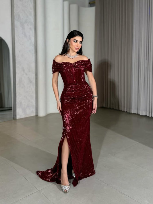 Sexy Red Off the Shoulder Sleeveless Sequins Sparkle Mermiad Side Slit Evening Dress