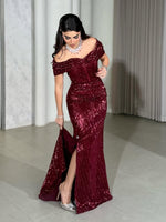 Sexy Red Off the Shoulder Sleeveless Sequins Sparkle Mermiad Side Slit Evening Dress