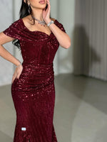 Sexy Red Off the Shoulder Sleeveless Sequins Sparkle Mermiad Side Slit Evening Dress