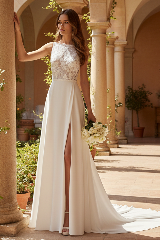Elegant Bateau A-Line Lace Applique Long Engagement Beach Wedding Dress
