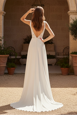 Elegant Bateau A-Line Lace Applique Long Engagement Beach Wedding Dress