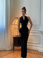Sexy Halter Sleeveless Black Mermaid Beaded Ankle-Length Evening Dress