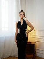 Sexy Halter Sleeveless Black Mermaid Beaded Ankle-Length Evening Dress