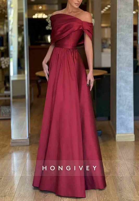 Bowknot Floor-Length One Shoulder Satin A-Line Pleated Evening Gowns