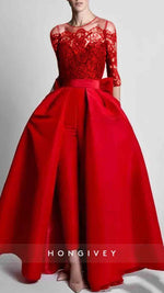 O-neck Lace 3/4 Sleeve Evening Dress A-Line