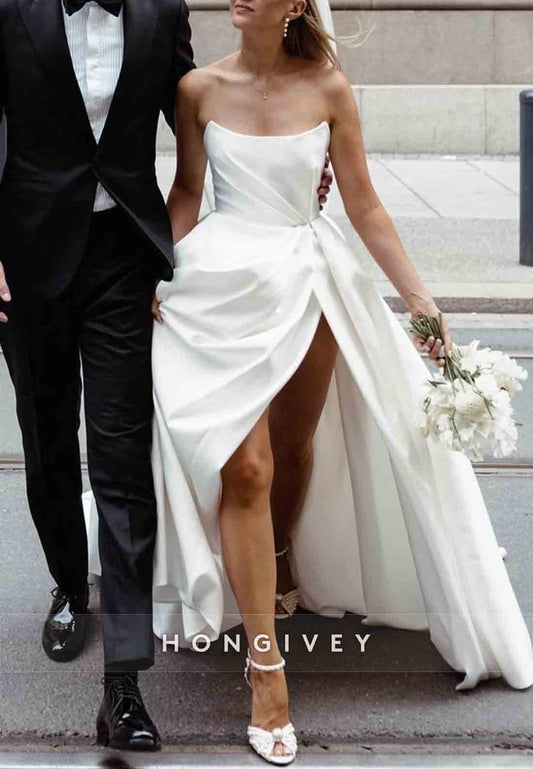 High Slit Satin Pleated A-line Court Train Strapless Wedding Dresses