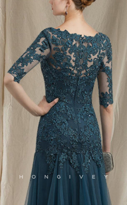 HM194 - Chic V-Neck Half Sleeves Lace Applique Two Tone With Tulle Train Mother of the Bride Dress