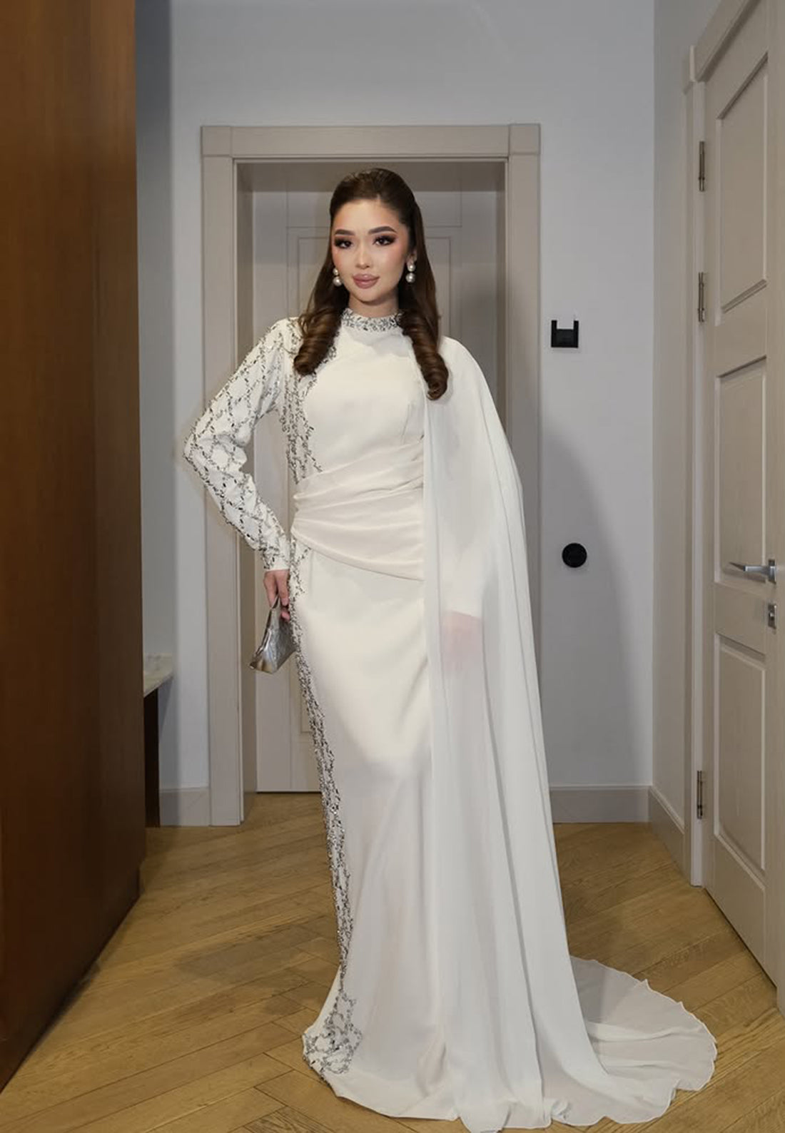 Beaded High Neck Long Sleeve Mermaid Shawl Floor-Length Evening Dress