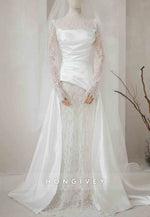 Simple High Neck Long Sleeves Satin Corset Court Train Lace Mermaid Wedding Dresses