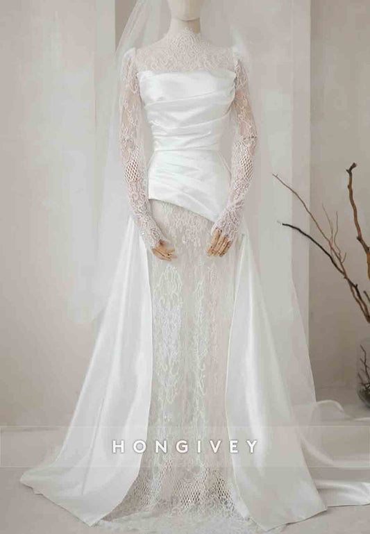 Simple High Neck Long Sleeves Satin Corset Court Train Lace Mermaid Wedding Dresses