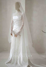 Simple High Neck Long Sleeves Satin Corset Court Train Lace Mermaid Wedding Dresses