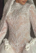 Tulle High Neck Long Sleeves Bridal Gown Beaded Lace Wedding Dresses with 3D Flowers