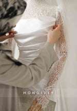 Simple High Neck Long Sleeves Satin Corset Court Train Lace Mermaid Wedding Dresses