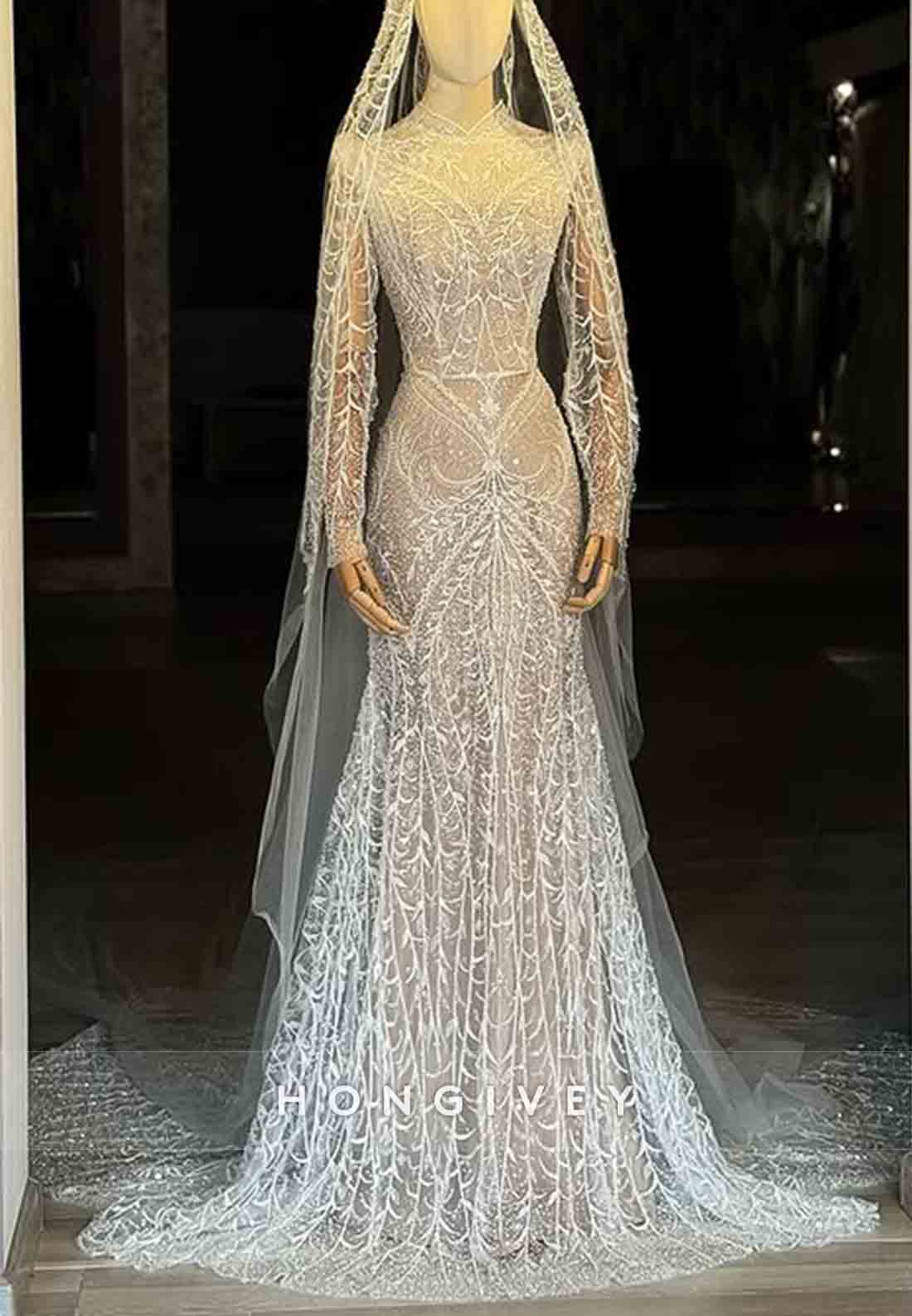 Empire Sequined Bridal Gown Beaded Long Sleeves Trumpet Wedding Dresses