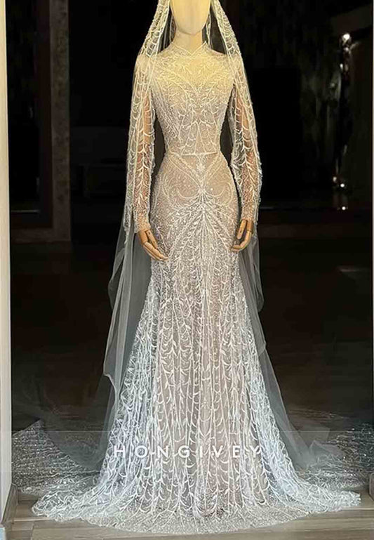 Empire Sequined Bridal Gown Beaded Long Sleeves Trumpet Wedding Dresses