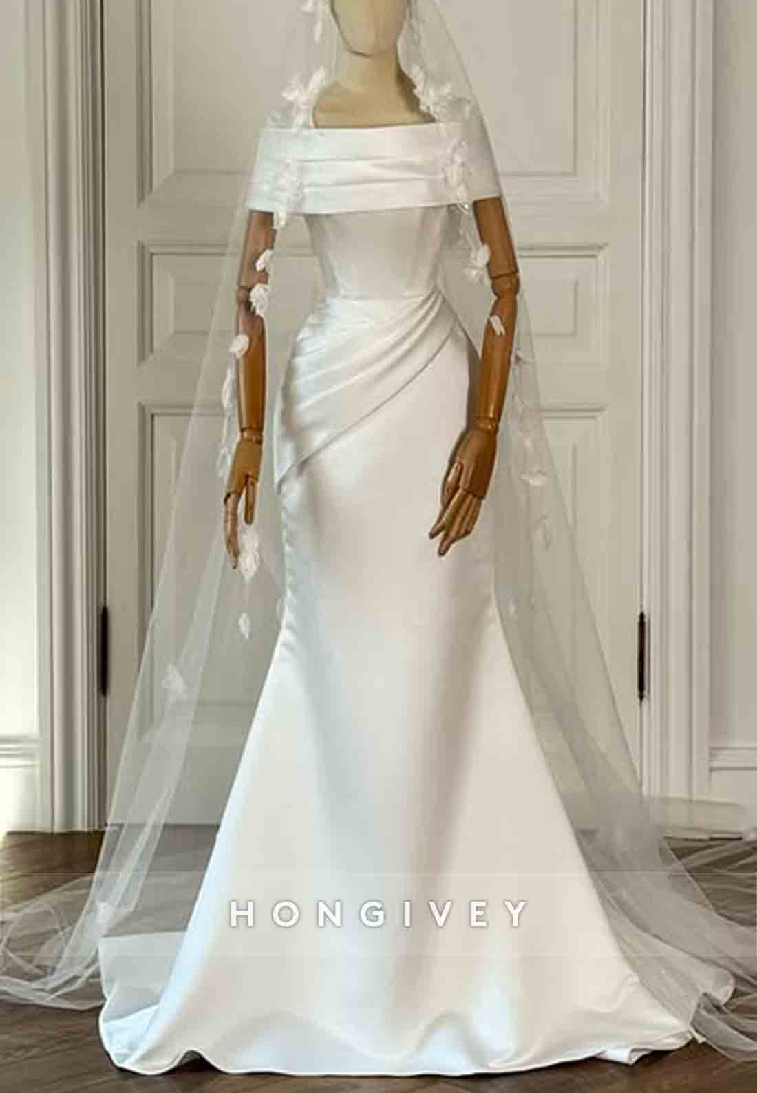 Simple Off the Shoulder Satin Court Train Trumpet Wedding Dresses