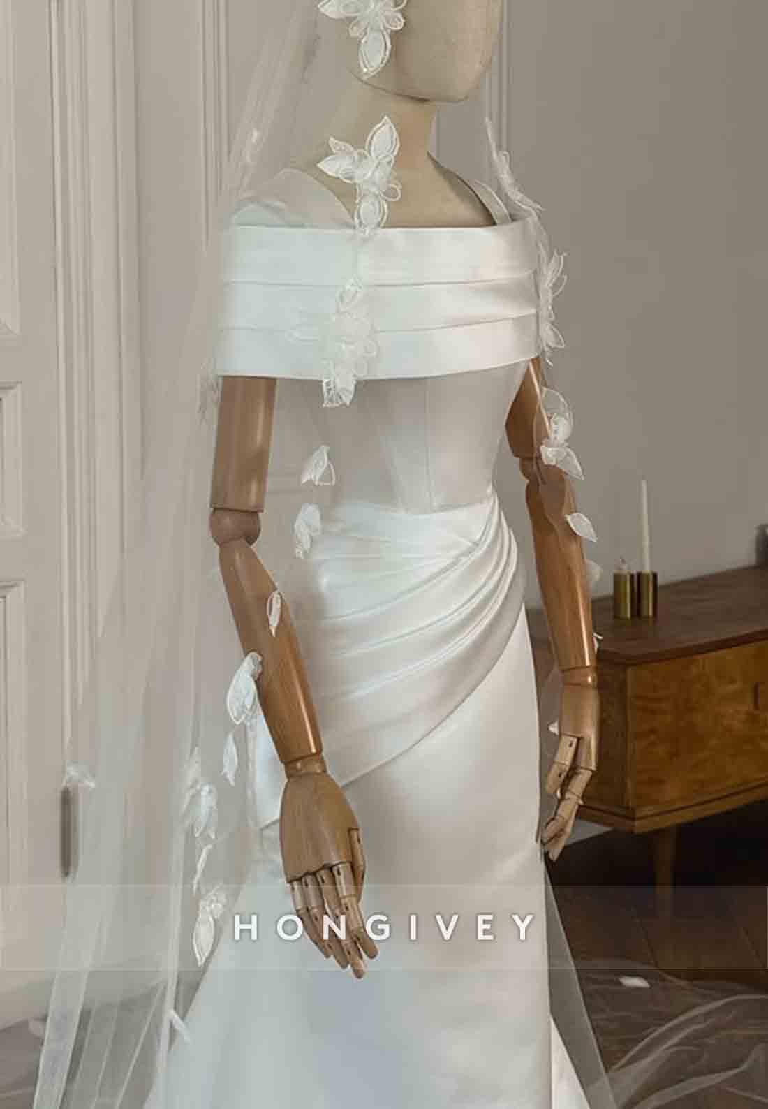 Simple Off the Shoulder Satin Court Train Trumpet Wedding Dresses