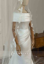 Simple Off the Shoulder Satin Court Train Trumpet Wedding Dresses