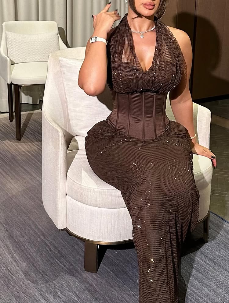 Sparkle Halter Sleeveless Mermaid Sequins Floor-Length Evening Dress